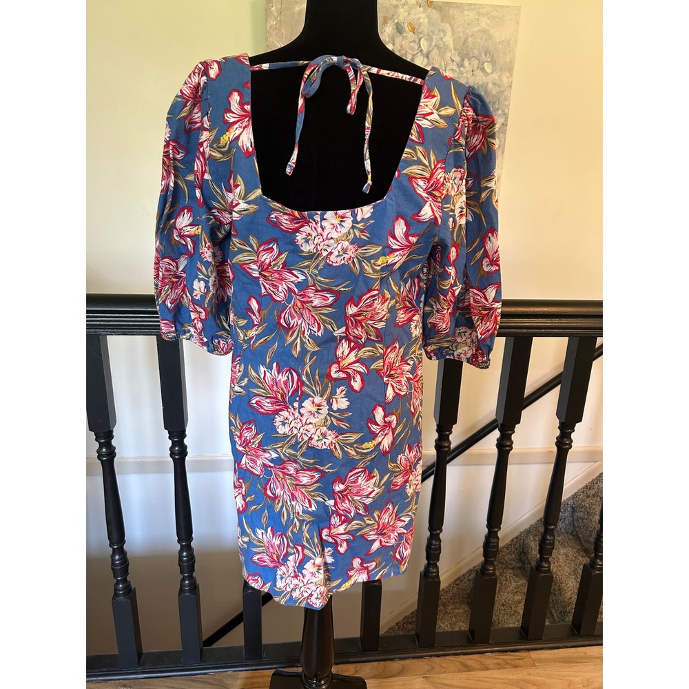 A New Day Blue Floral Cotton Linen Square Neck Puff Sleeve Mini Dress L NEW - Picture 4 of 10